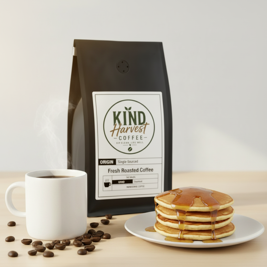 Breakfast Blend - Kind Harvest Coffee bag with steaming mug, golden pancakes and coffee beans