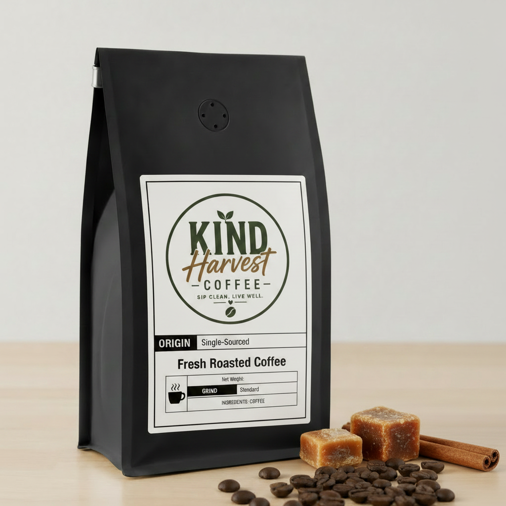 Peru Coffee - Kind Harvest Coffee bag with caramel, cinnamon stick and coffee beans