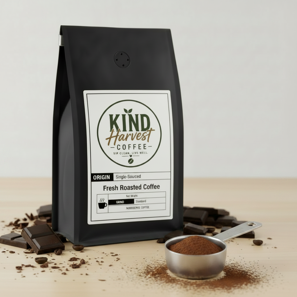 Mocha Coffee - Kind Harvest Coffee bag with dark chocolate pieces, silver cocoa scoop and coffee beans