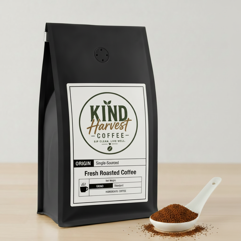 Instant Coffee - Kind Harvest Coffee bag with ceramic spoon of instant coffee granules