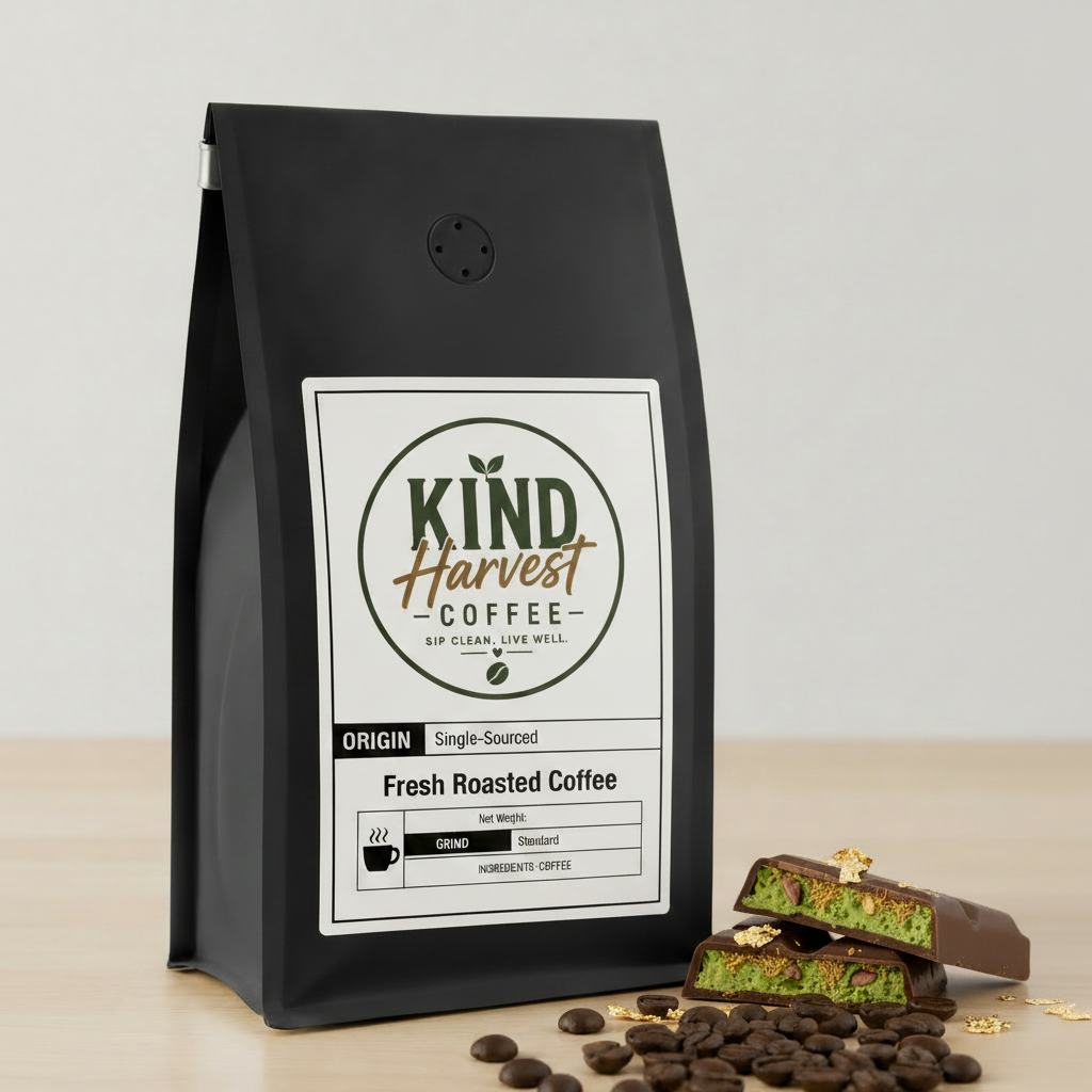 Dubai Chocolate Coffee - Kind Harvest Coffee bag with Dubai chocolate showing green pistachio filling and gold leaf