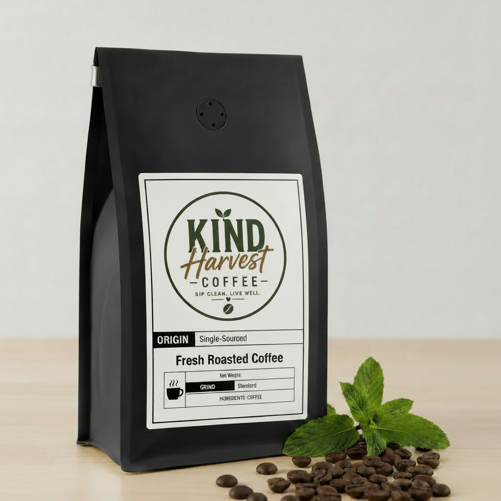 Peru Decaf Coffee - Kind Harvest Coffee bag with mint leaves and coffee beans
