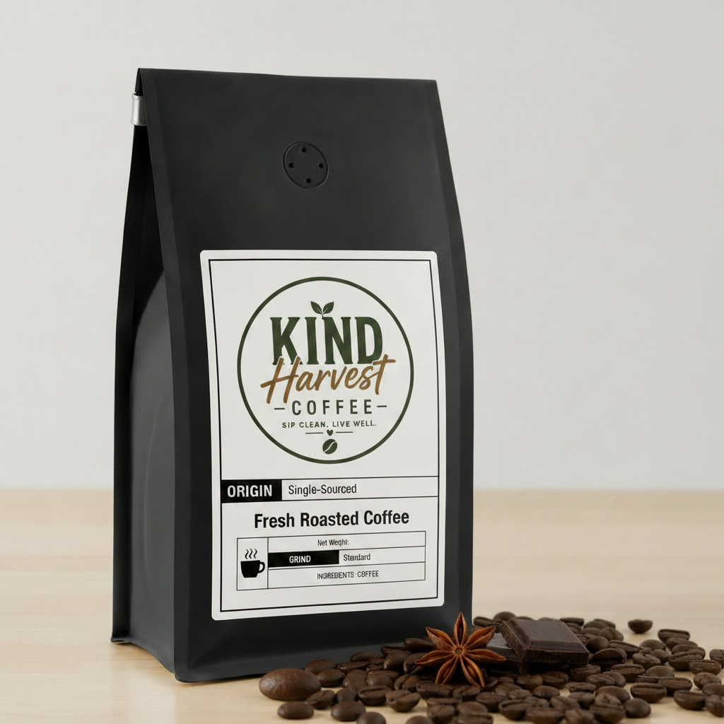 Sumatra Coffee - Kind Harvest Coffee bag with dark chocolate, star anise and coffee beans