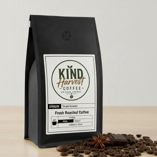 Sumatra Coffee - Kind Harvest Coffee bag with dark chocolate, star anise and coffee beans