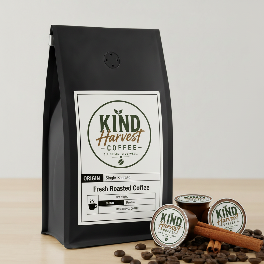 Mexico Coffee Pods - Kind Harvest Coffee bag with branded pods and cinnamon sticks