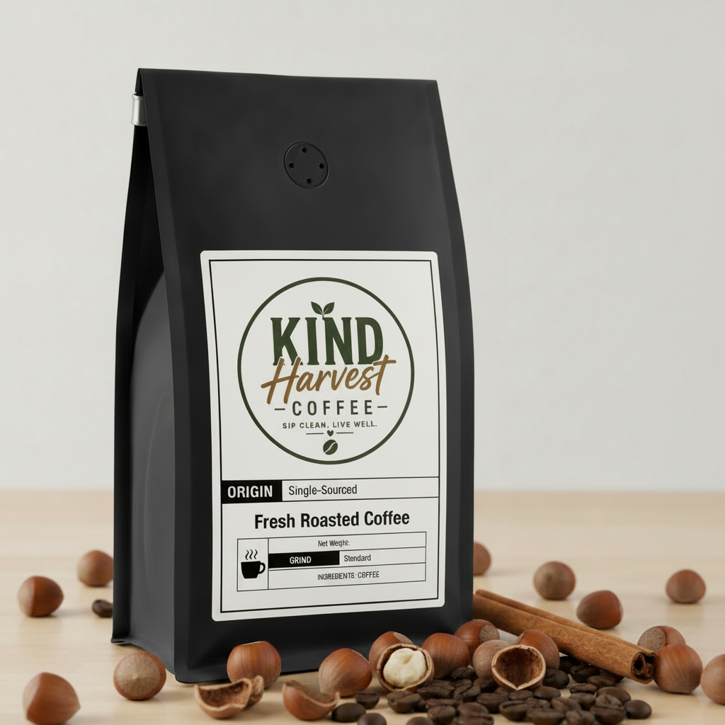 Hazelnut Coffee - Kind Harvest Coffee bag with scattered hazelnuts and cinnamon stick