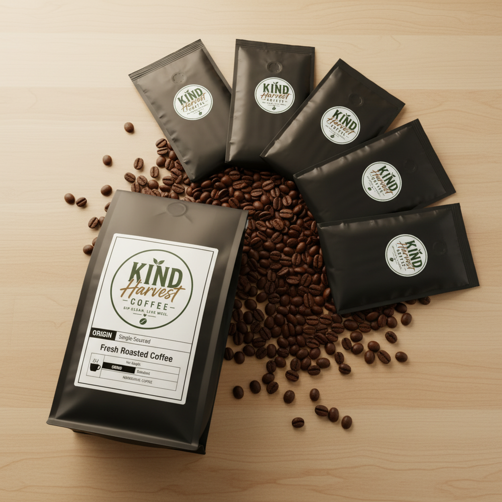 Flavored Coffees Sample Pack - Kind Harvest Coffee bags fanned out on light wood table