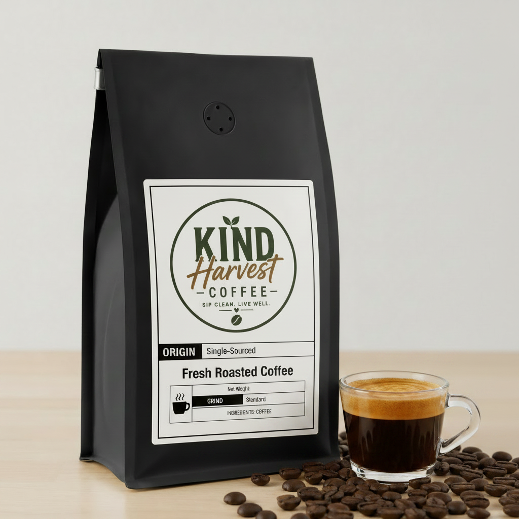African Espresso - Kind Harvest Coffee bag with espresso glass and golden crema