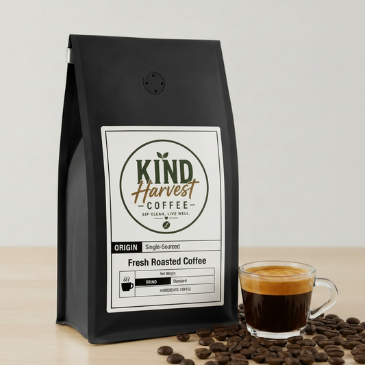 African Espresso - Kind Harvest Coffee bag with espresso glass and golden crema
