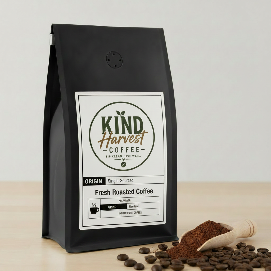Nicaragua Coffee - Kind Harvest Coffee bag with cocoa powder scoop and coffee beans