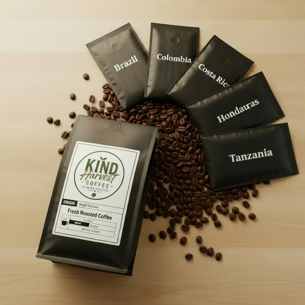 Single Origin Favorites Sample Pack - 6 labeled bags with Brazil, Colombia, Costa Rica, Honduras, Tanzania, Ethiopia