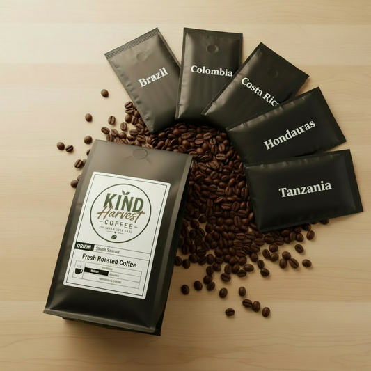 Single Origin Favorites Sample Pack - 6 labeled bags with Brazil, Colombia, Costa Rica, Honduras, Tanzania, Ethiopia