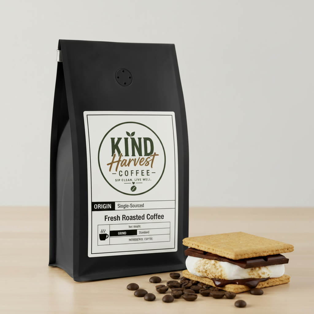 Smores Coffee - Kind Harvest Coffee bag with golden s'more sandwich, marshmallow and chocolate