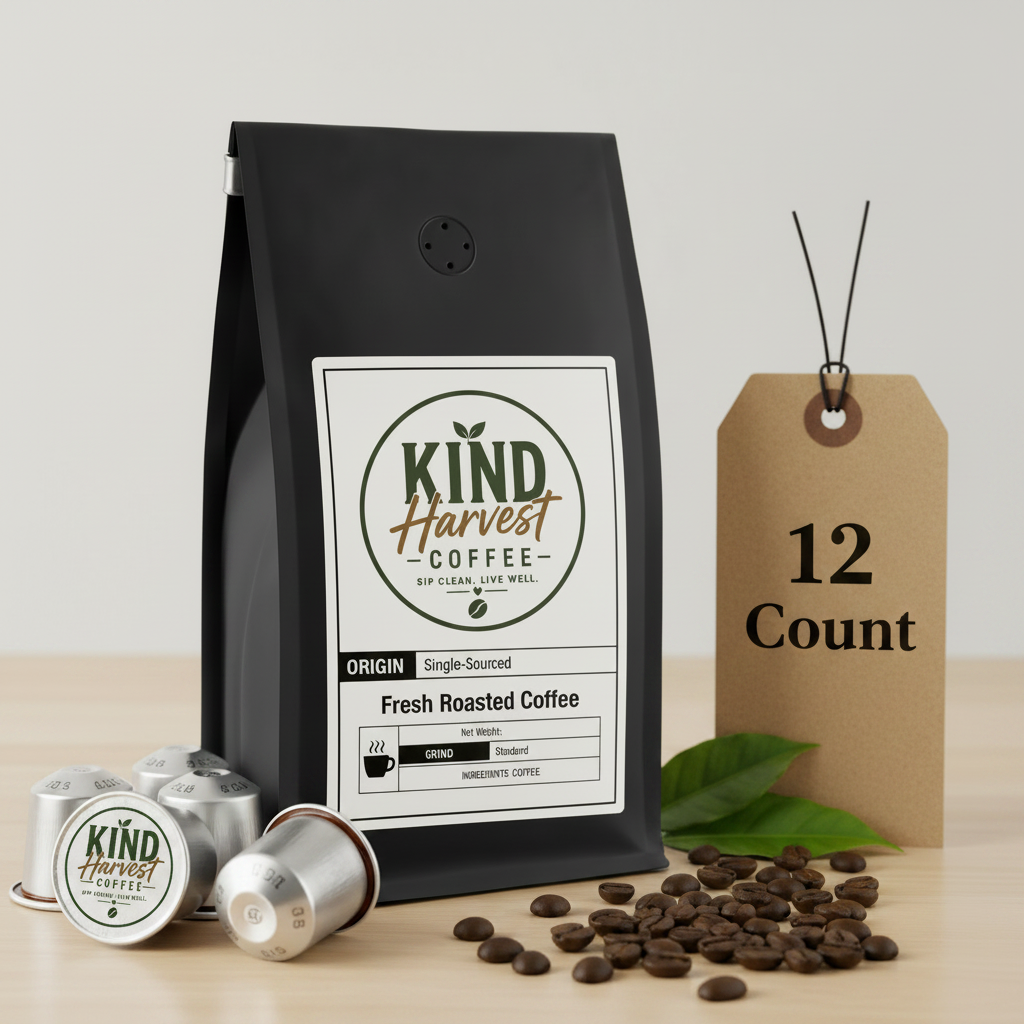 12 Pack Single Serve Coffee Capsules - Kind Harvest Coffee bag with Nespresso-style capsules and 12 Count tag