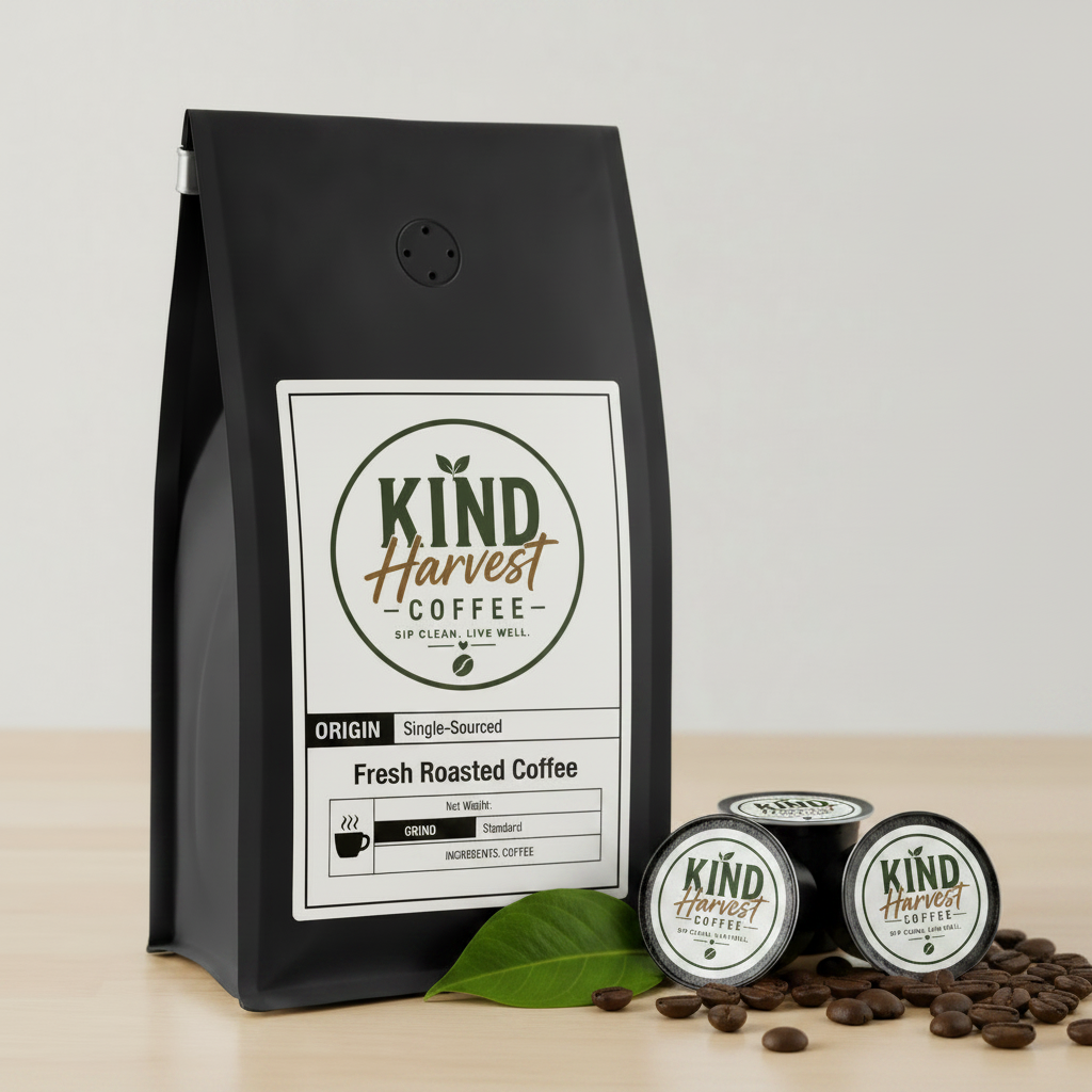 Bali Coffee Pods - Kind Harvest Coffee bag with branded pods and tropical leaf