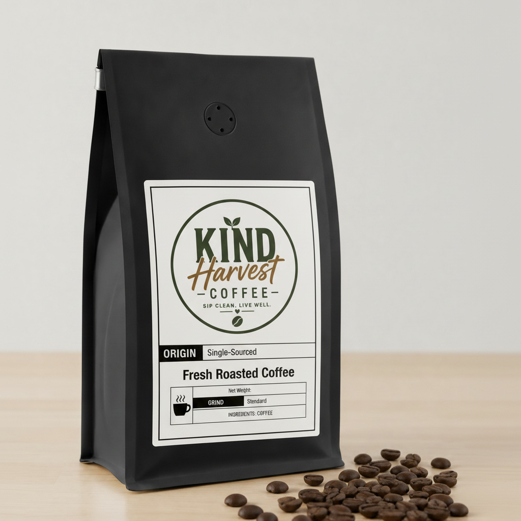 Coffee with Mushrooms Medium Roast - Kind Harvest Coffee bag on wood surface with scattered beans