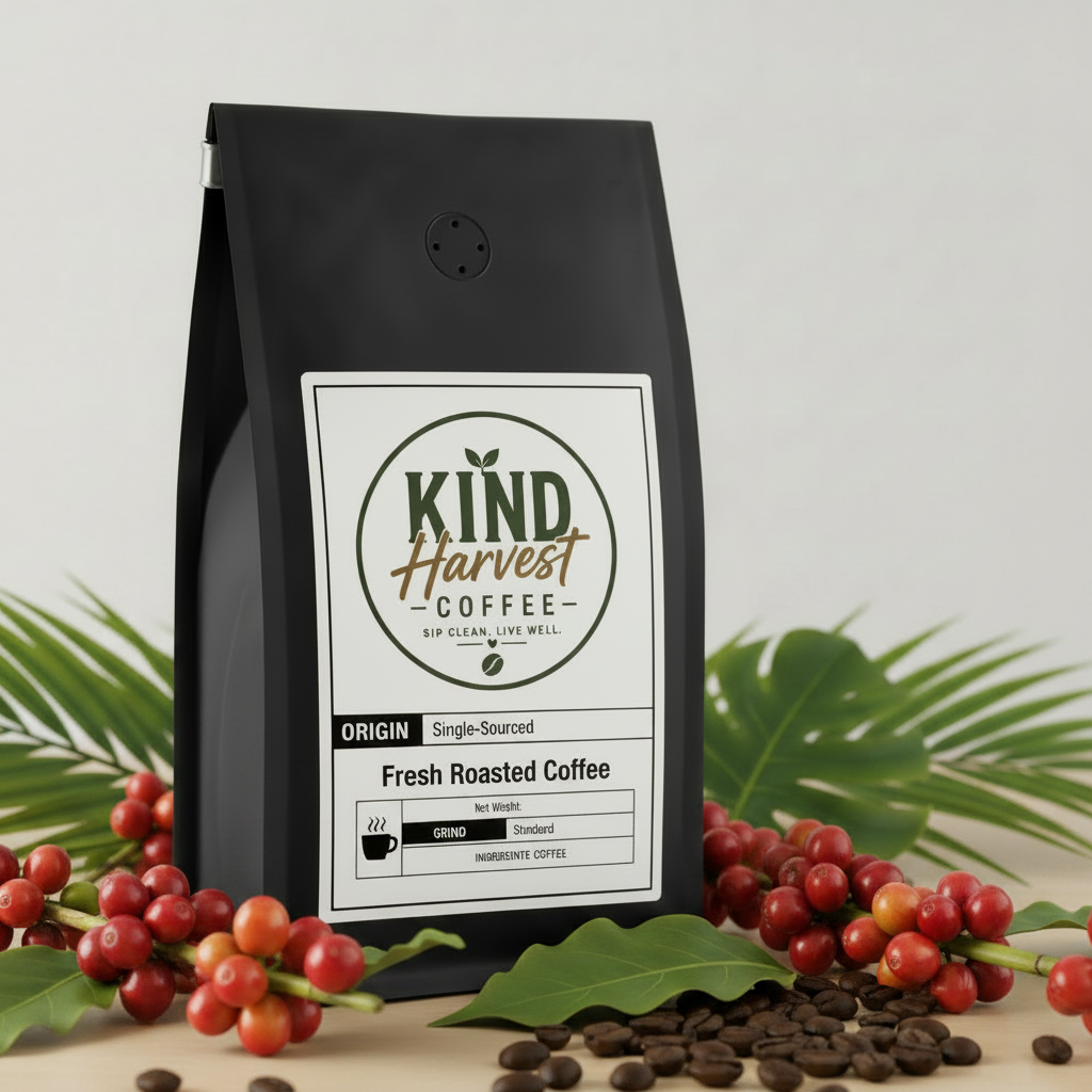 Latin American Blend - Kind Harvest Coffee bag with coffee cherries, tropical leaves and roasted beans
