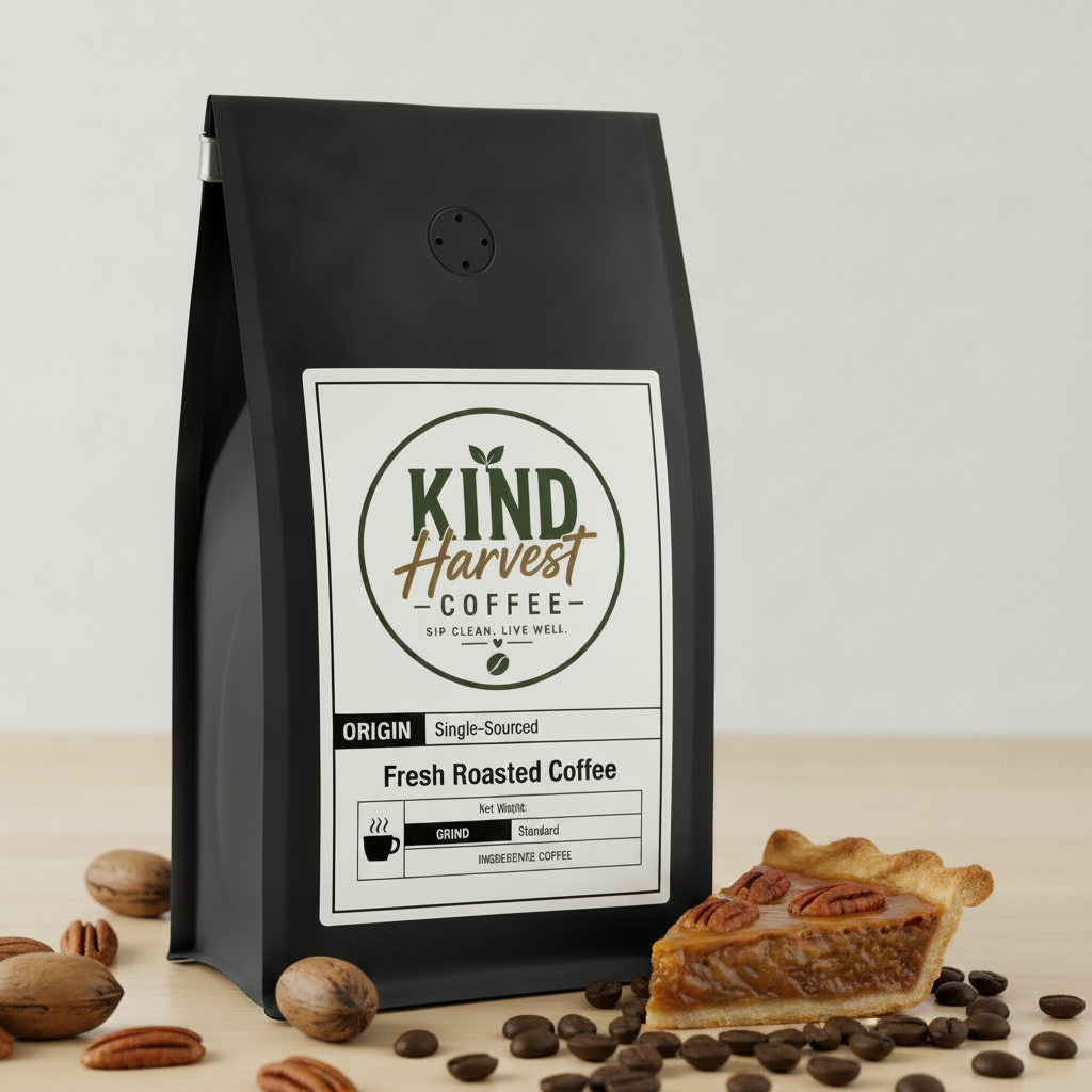 Pecan Pie Coffee - Kind Harvest Coffee bag with pecans, pecan pie slice and coffee beans