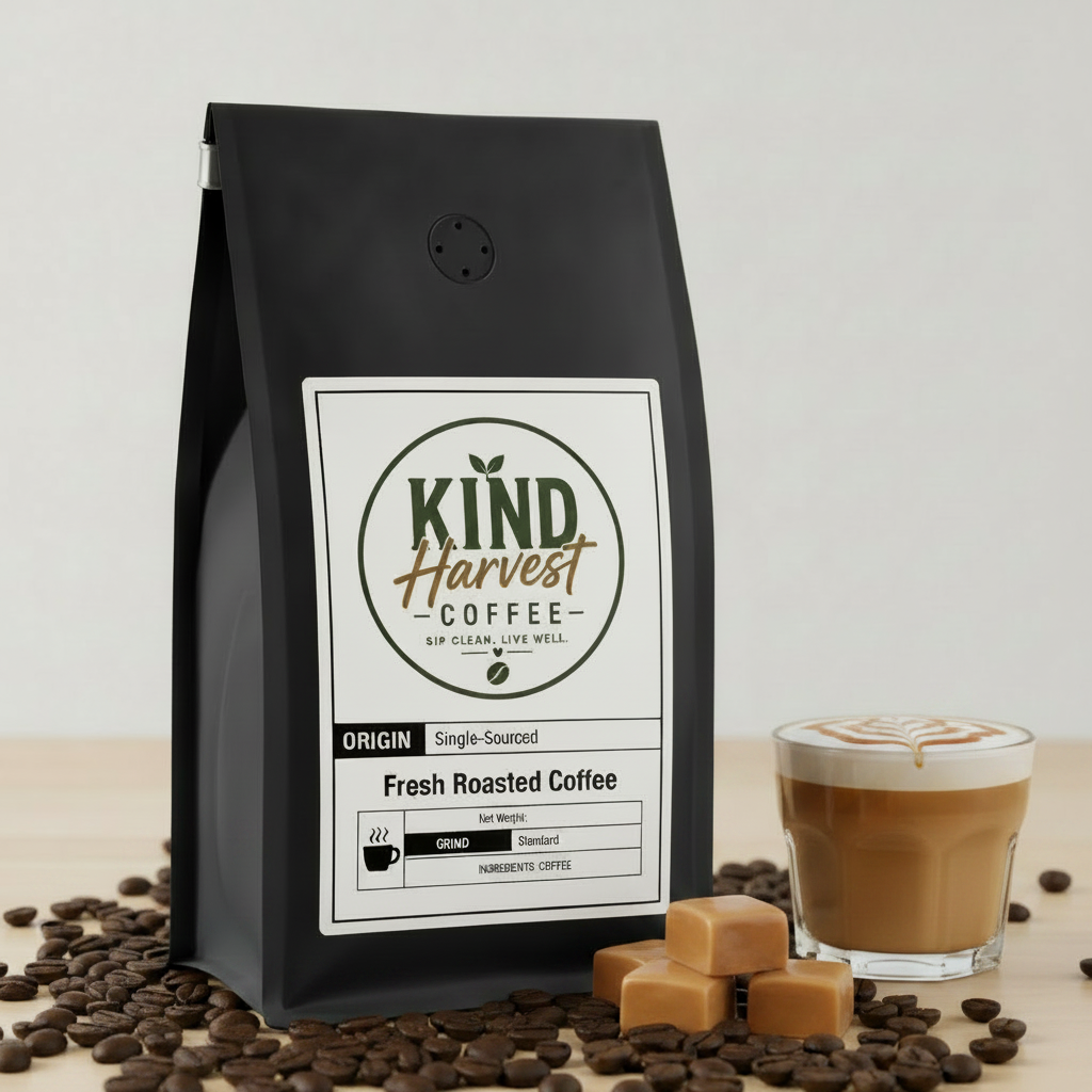 Caramel Coffee - Kind Harvest Coffee bag with caramel squares, coffee beans and caramel latte glass