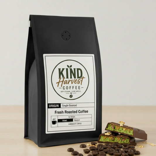 Dubai Chocolate Coffee - Kind Harvest Coffee bag with Dubai chocolate showing green pistachio filling and gold leaf