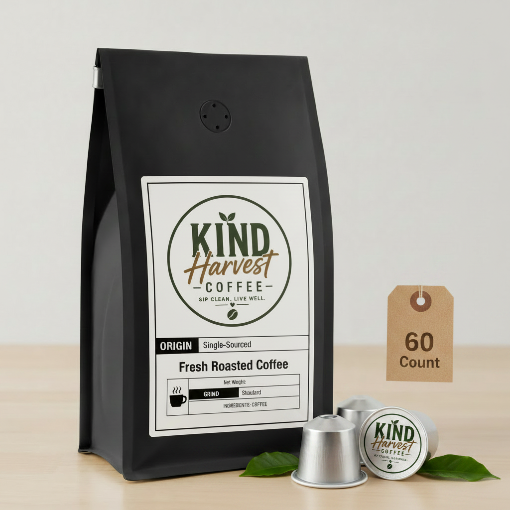 60 Pack Single Serve Coffee Capsules - Kind Harvest Coffee bag with Nespresso-style capsules and 60 Count sign